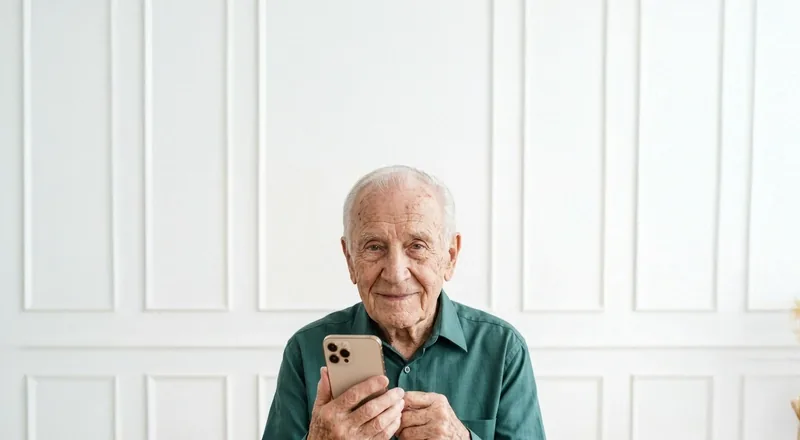 Older man smiling with his phone — using Amara to stay mentally active