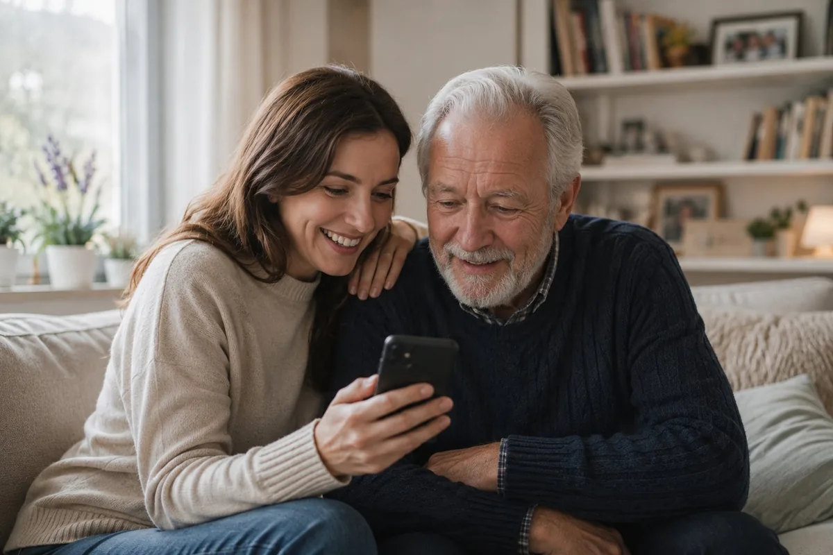 Adult daughter and her father looking at a phone together, laughing on the sofa